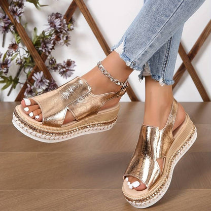 Damesandaler med plateau-kile – Justerbar slingback og åben tå