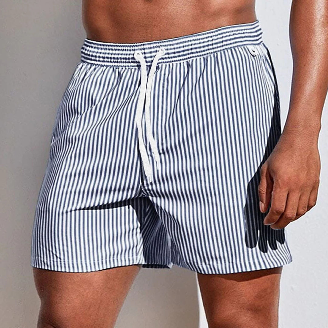 Stribede herrebadeshorts – Pink og hvid med snørelukning