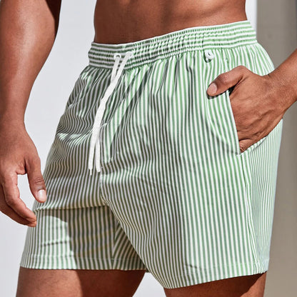 Stribede herrebadeshorts – Pink og hvid med snørelukning