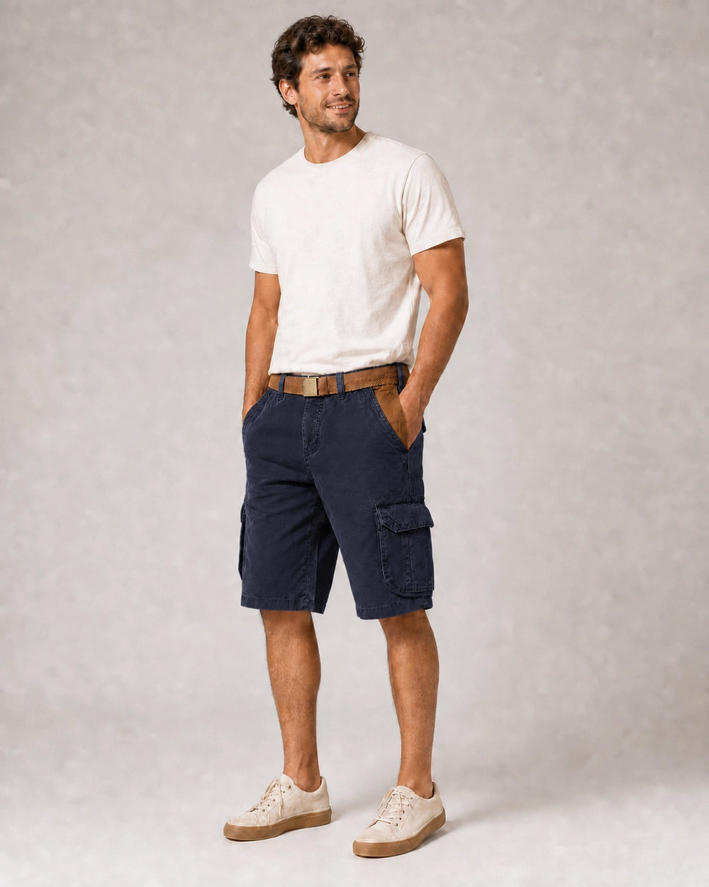Momount Men Cargo Shorts – Washed Cotton Belted Vintage Distressed Knee Length — Navy — color variant primary — uomo-pantaloncini-cargo-cotone-lavato-cintura-vintage-anticato-lunghezza-navy-13-variant.webp