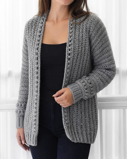 Grey bobble-texture crochet cardigan for women, front hero view.