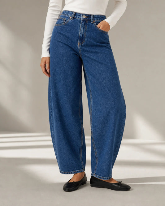 Højtaljede barrel-jeans til kvinder i mellemblå — image